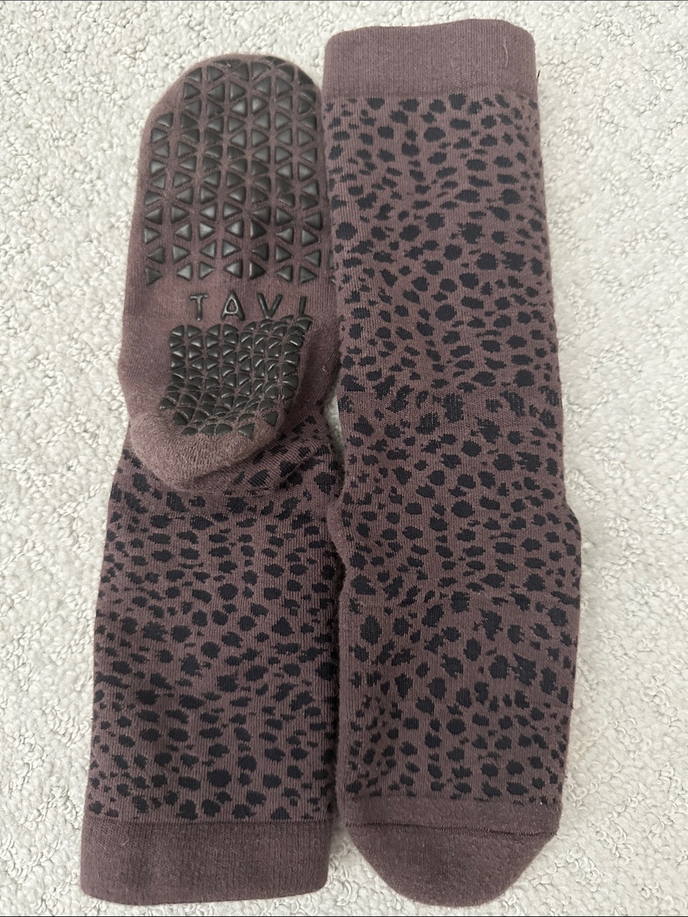 Tavi Brown Leopard Grip Crew Socks - Women's Non-Slip Cozy Socks